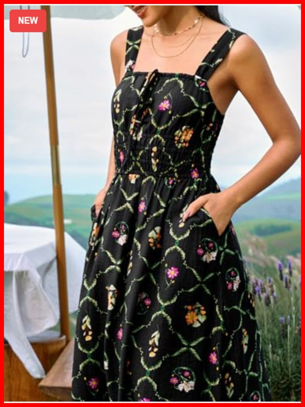 Backless Square Neck Smocked Waist Midi Dress with Pockets - Picture 4 of 7